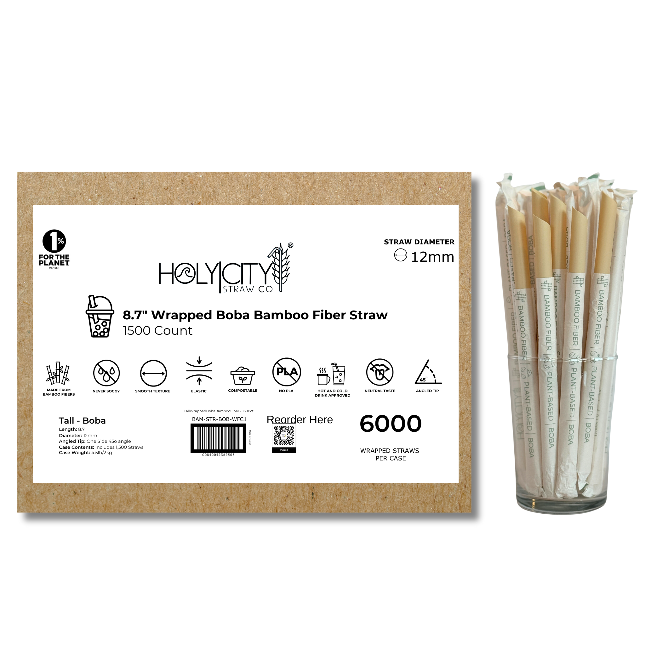 8.7" Wrapped Boba Bamboo Fiber Straws | 12mm