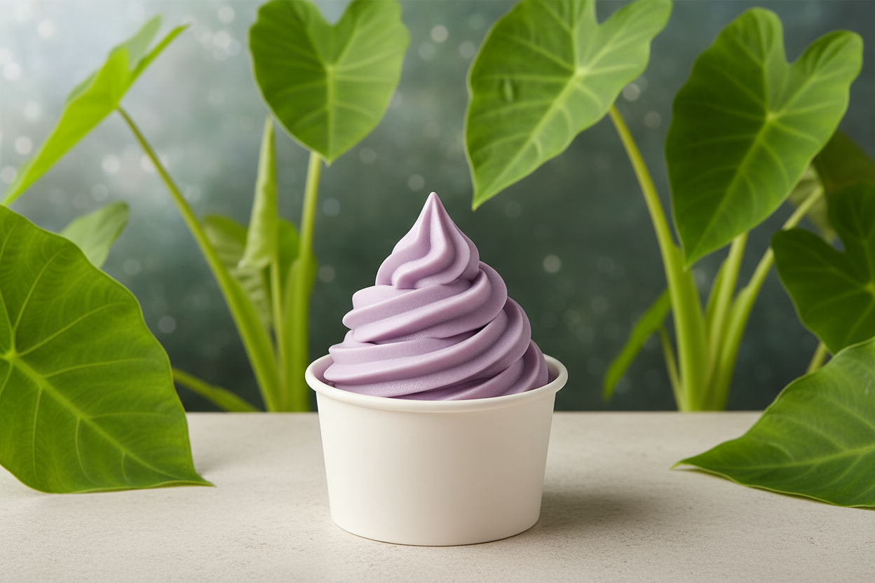 Photorealistic taro frozen yogurt with taro plants