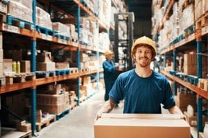 man holds box in warehouse