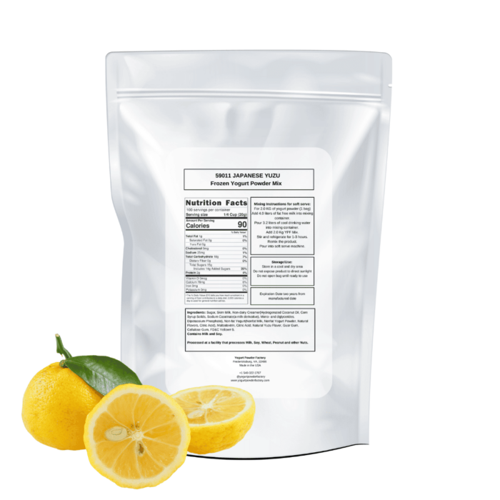 yuzu citrus fruit in front of back label