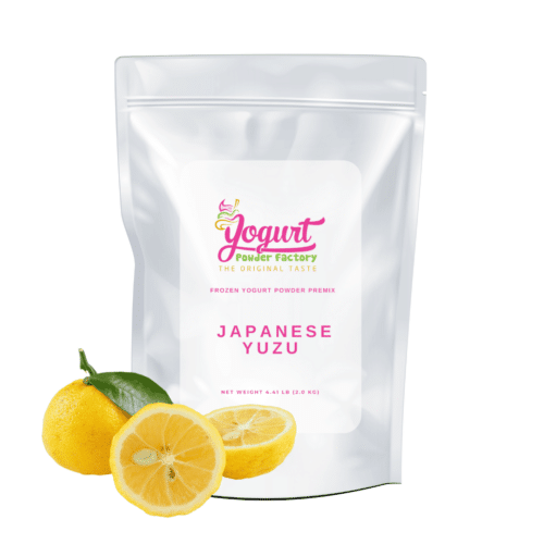 Yuzu citrus fruit on front of frozen yogurt bag