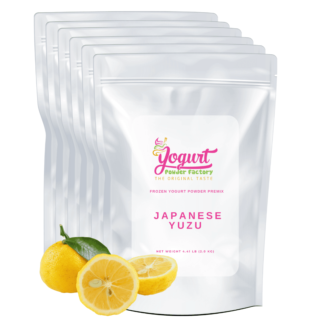 Yuzu graphic in front of frozen yogurt bags